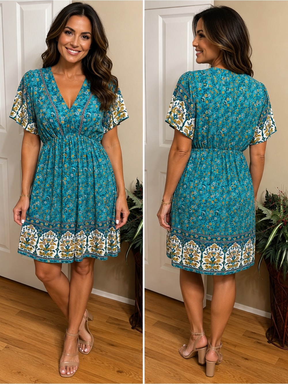 SHEIN Teal Boho Floral V-Neck Dress | Size Medium